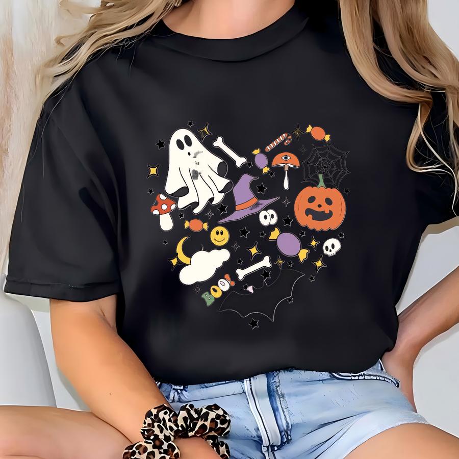 Halloween Heart Sweatshirt, Halloween Boo Sweater, Cute Ghost Sweat, Fall Pumpkin Skull Sweat, Halloween Costume, Spooky Season Sweater T-shirt