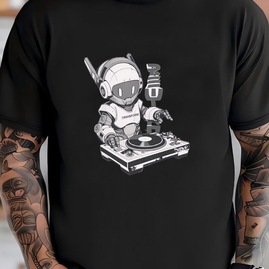 Robot Transform Dj Tee - Unisex Adult Hoodie With Monochrome Graffiti-style Design - Anime Art Turntable Graphic Tee T-shirt
