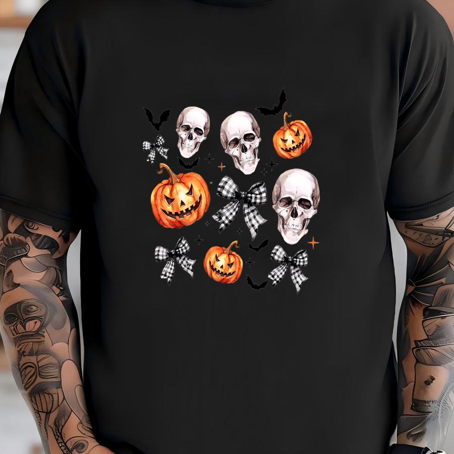Halloween Pumpkin Skull Coquette Black Bow Shirt, Retro Halloween Gift Tshirt, Funny Spooky Season T Shirts, Fall Halloween Party Gift Tees T-shirt