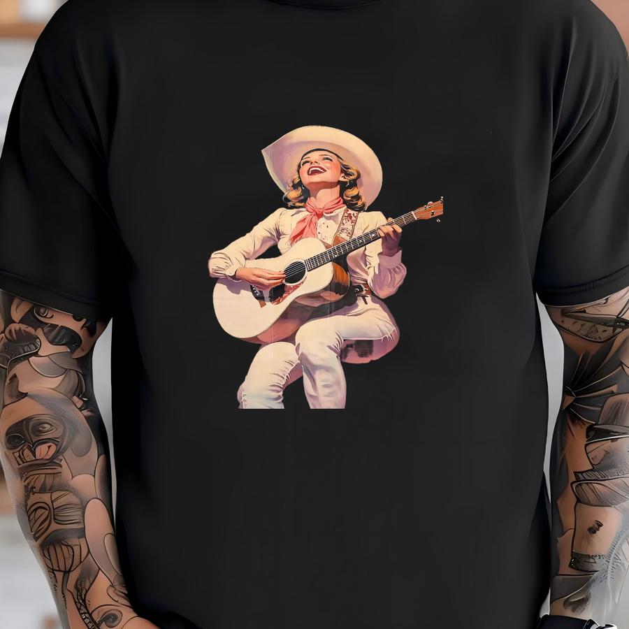 Vintage Winter Cowgirl Playing Guitar In Snowy Rocky Mountains Art Print, Country Music Western Decor, Rustic Americana, Retro Cowgirl Print T-shirt
