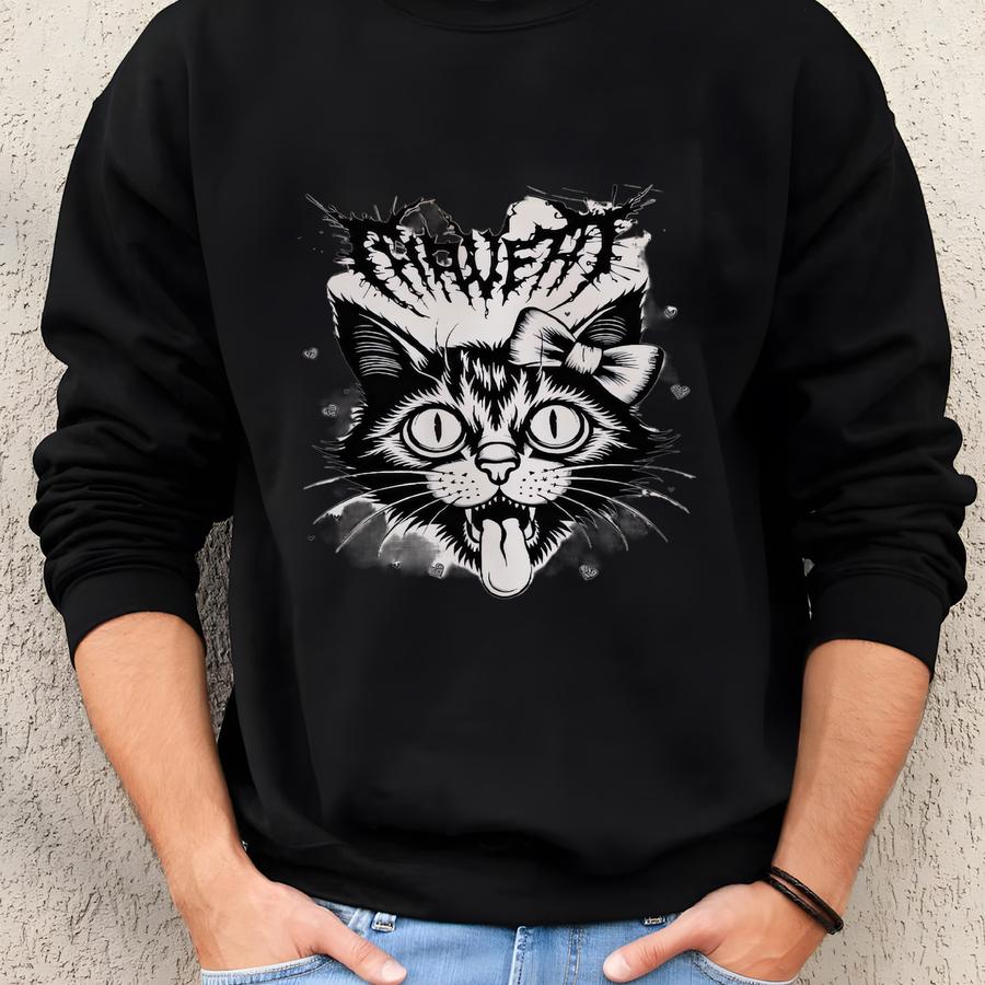 Vintage Fake Band Merch Cat Sweatshirt, Black Metal Crust Punk Shirt, Pastel Goth Grunge Tees, Vintage Alt Aesthetic Hoodies Sweatshirt