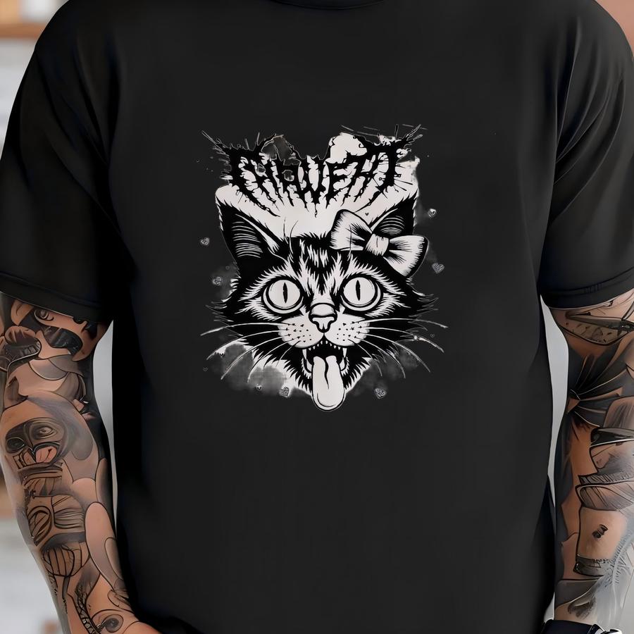 Vintage Fake Band Merch Cat Sweatshirt, Black Metal Crust Punk Shirt, Pastel Goth Grunge Tees, Vintage Alt Aesthetic Hoodies T-shirt