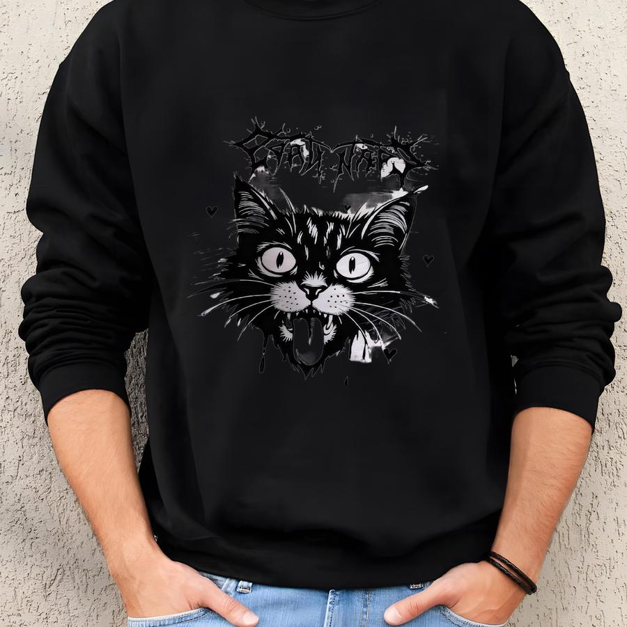 Retro Fake Band Merch Cat T-shirt, Black Metal Crust Punk Sweatshirt, Pastel Goth Grunge Hoodie, Vintage Alt Aesthetic Shirt Sweatshirt
