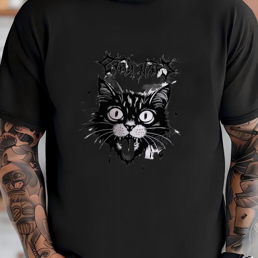 Retro Fake Band Merch Cat Hoodie, Black Metal Crust Punk Sweatshirt, Pastel Goth Grunge Hoodie, Vintage Alt Aesthetic Shirt T-shirt