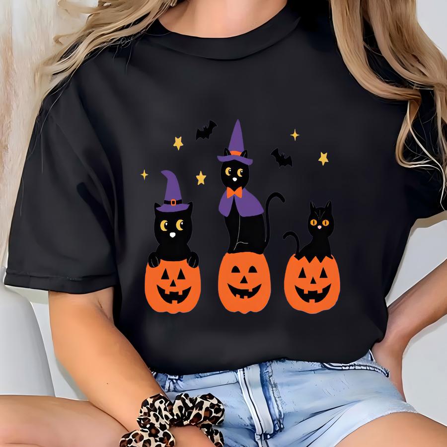 Black Cat Halloween Sweatshirt: Spooky Pumpkin Crewneck T-shirt