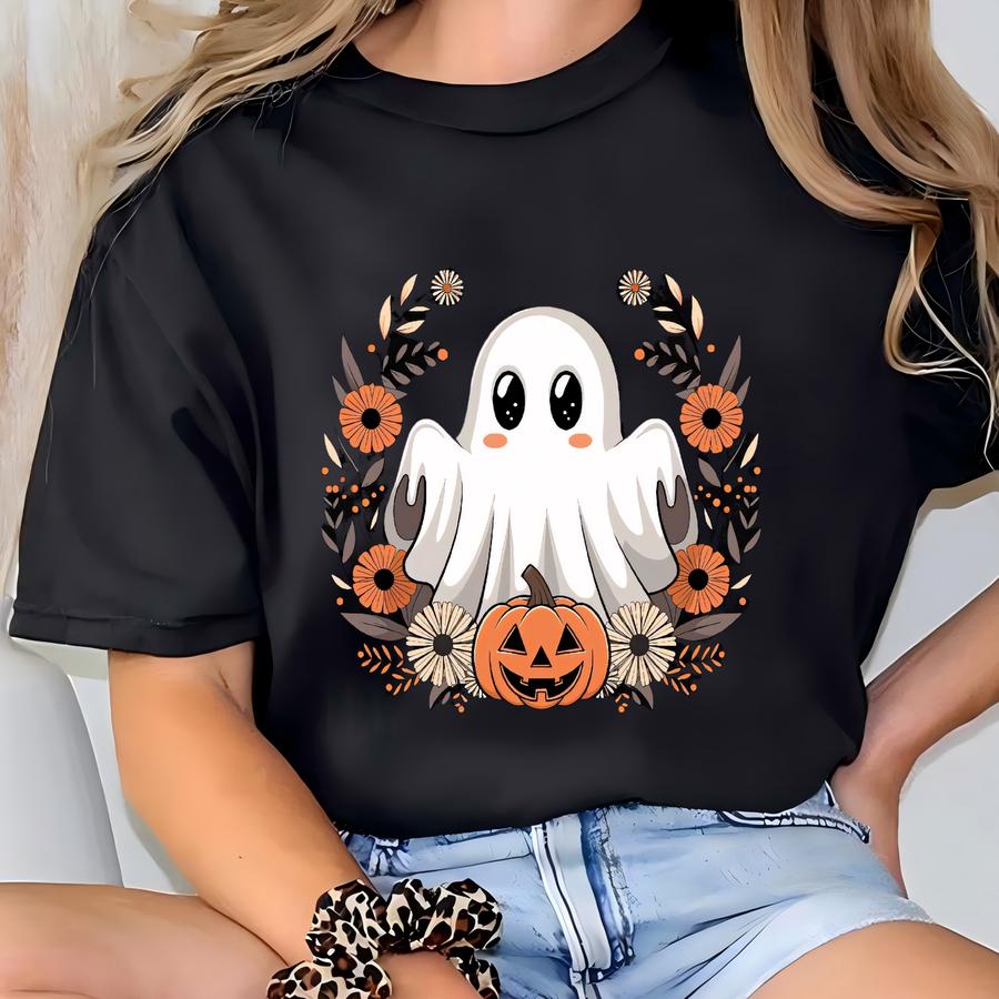 Floral Ghost Halloween Shirt: Vintage Fall Tee T-shirt