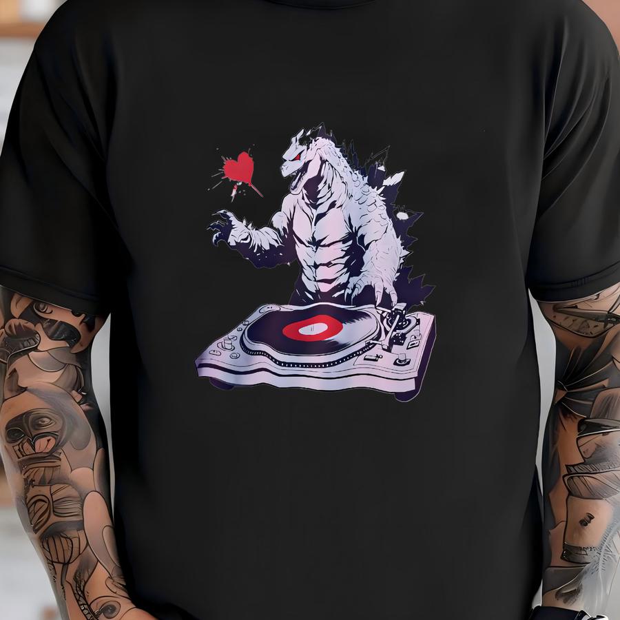 Godzilla Dj Monochrome Tee - Unisex Adult Hoodie With Hip Hop Graffiti Style - Urban Street Wear - Anime - Turntable T-shirt