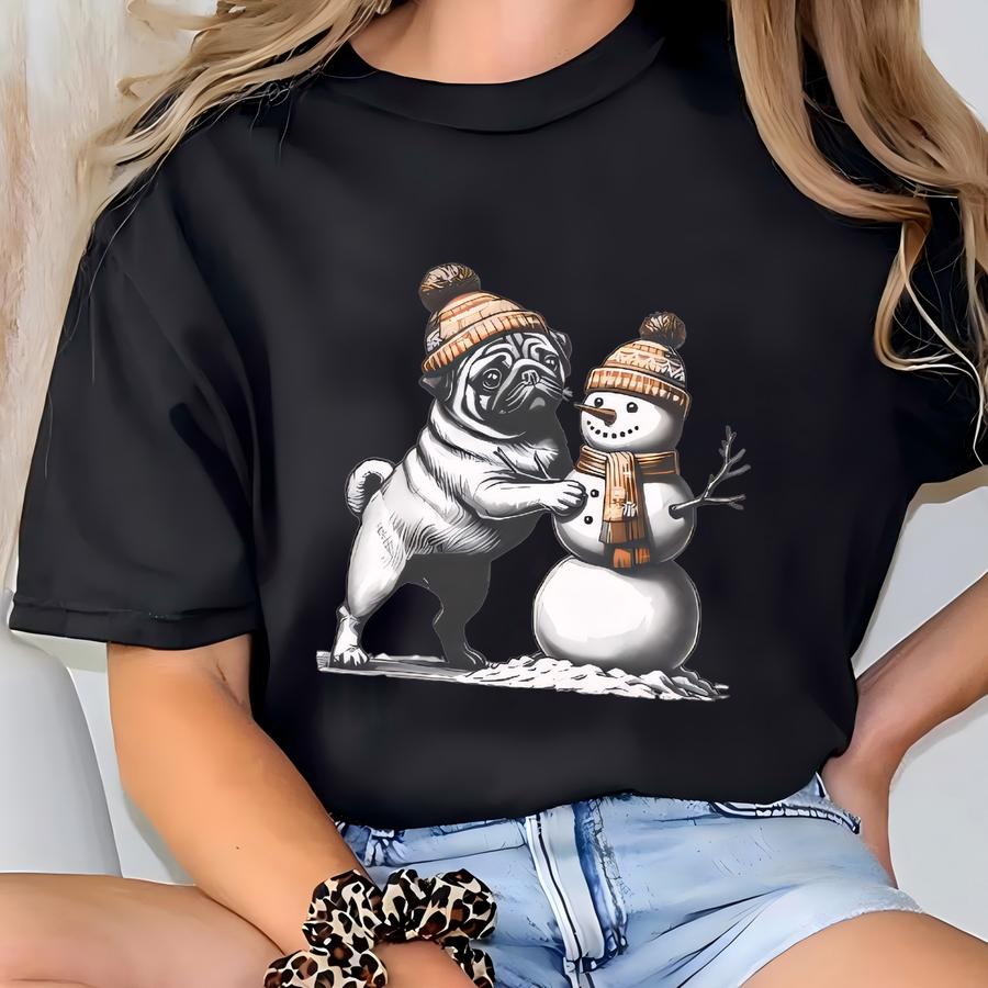 Pug Christmas Sweatshirt, Pug Mom Shirt, Pug Dog Winter Snowman Crewneck, Pug Mama Holiday, Christmas Gift For Pug Owner Lover T-shirt