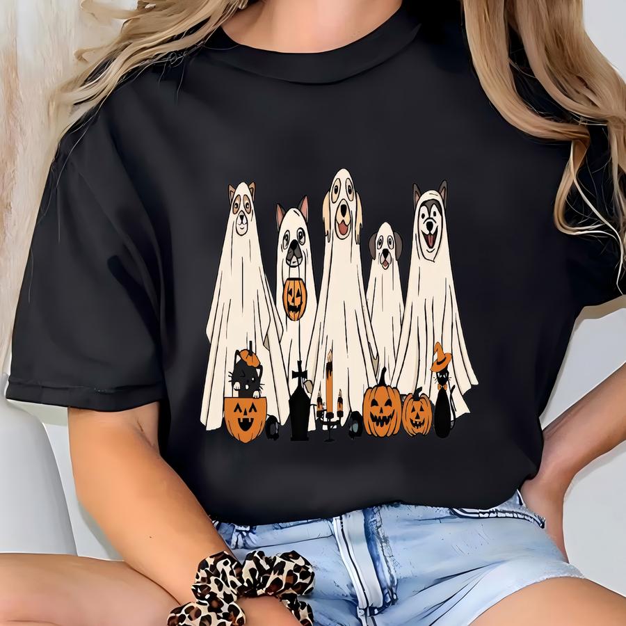 Retro Ghost Dog Halloween Shirt: Spooky Season Cotton Tee T-shirt