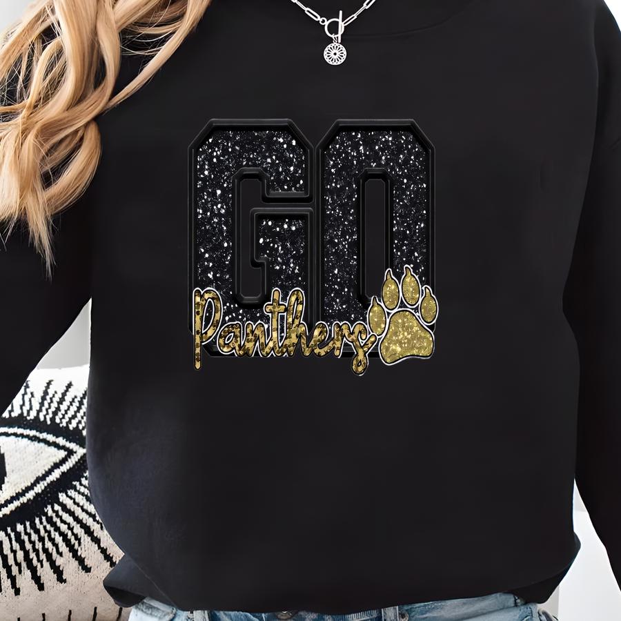 Faux Glitter Panthers T Shirt, Game Day Panthers T Shirt, Faux Sparkle Black And Gold Panthers T Shirt, Panthers Mascot, Go Panthers Shirt Sweatshirt