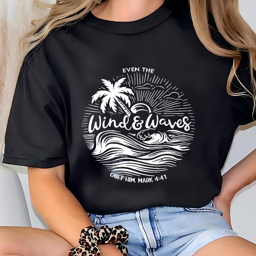 Even The Wind And Waves Mark 4:41 Scripture Beach Hoodie, Beach Tee, Artistic Line Drawing Beach Design Short Sve Tshirt T-shirt