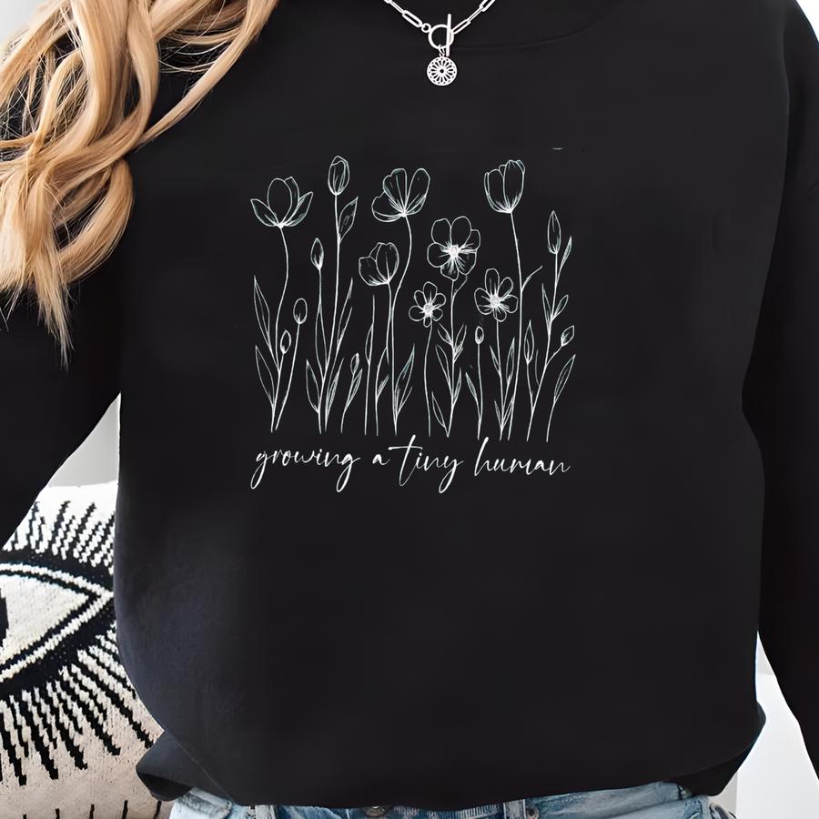Growing A Tiny Human Pregnancy Announcement Sweatshirt, Spring Flower Baby Reveal Maternity Shirt, Gift For Expecting Sweatshirt