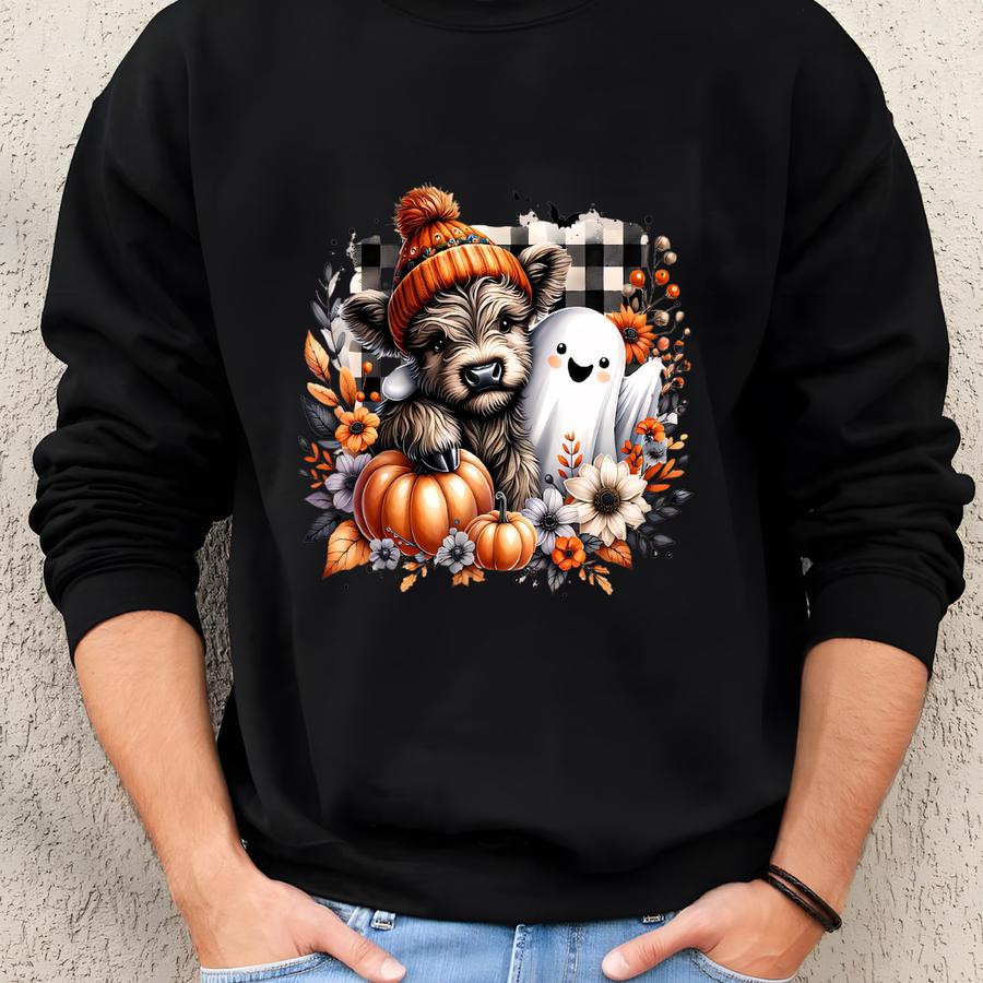 Highland Cow Halloween Sweatshirt, Halloween Sweatshirt, Halloween Animals, Ghost Shirt, Cow Lovers Halloween Gift,cow Shirt,spooky Cows Tee Sweatshirt