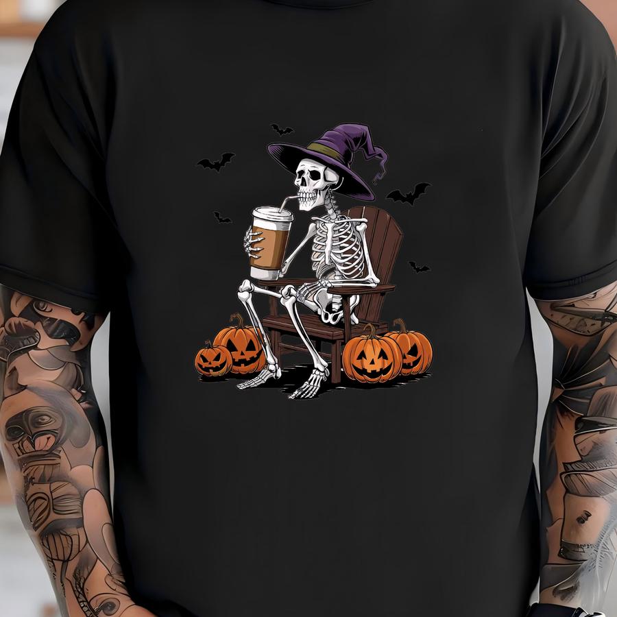 Skeleton Pumpkin Halloween Shirt, Coffee Lover Skeleton Gift T Shirt, Cute Halloween Party Tshirt, Fall Coffee Latte Tee,ghost Spooky Season T-shirt