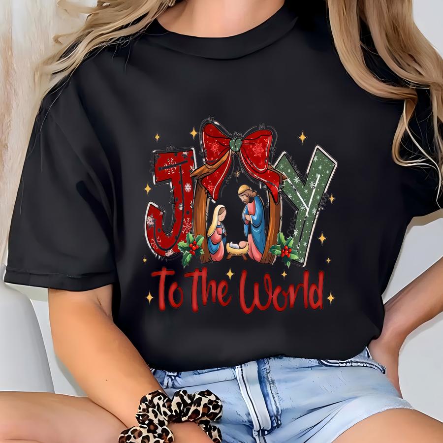 Joy To The World Shirt, Christian Christmas Sweatshirt, Cute Jesus Shirt, Retro Christmas Nativity Scene Shirt, Christmas Gifts For Family T-shirt