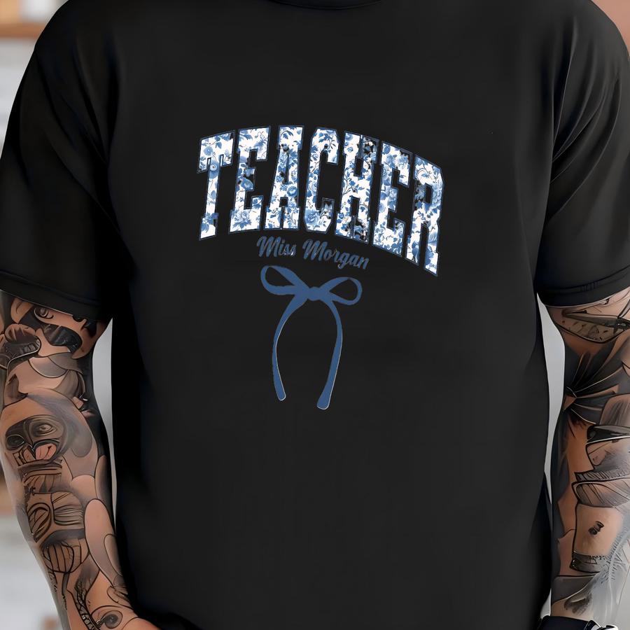 Custom Floral Teacher Sweatshirt, French Blue Teach Sweater, Floral New Teacher Shirt, Coquette Teacher Grad Gift, Chinoiserie Teacher Team T-shirt