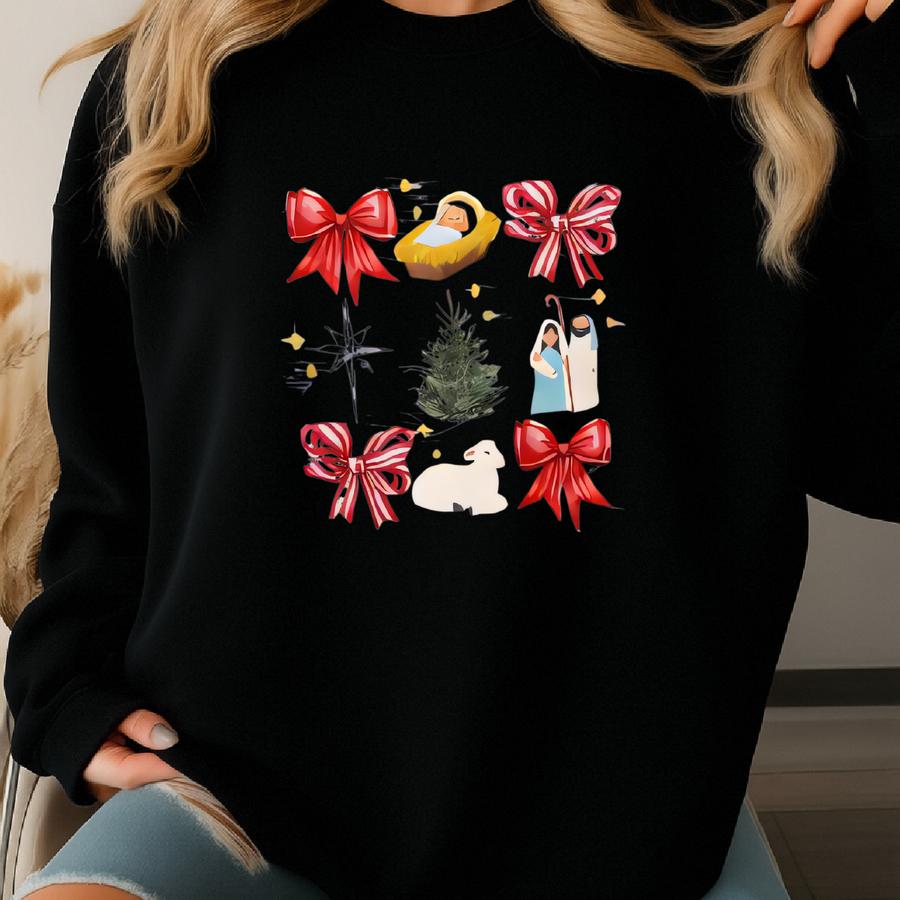 Jesus Christmas Bow Grid Youth Short Sve T-shirt; Christmas Story Bow Grid Girls Shirt Sweatshirt