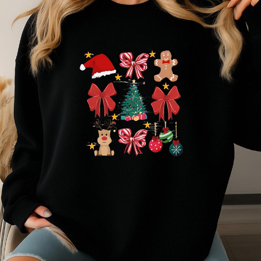 Christmas Bow Grid Youth Crewneck Sweatshirt; Christmas Holiday Spirit Girls Sweatshirt Sweatshirt