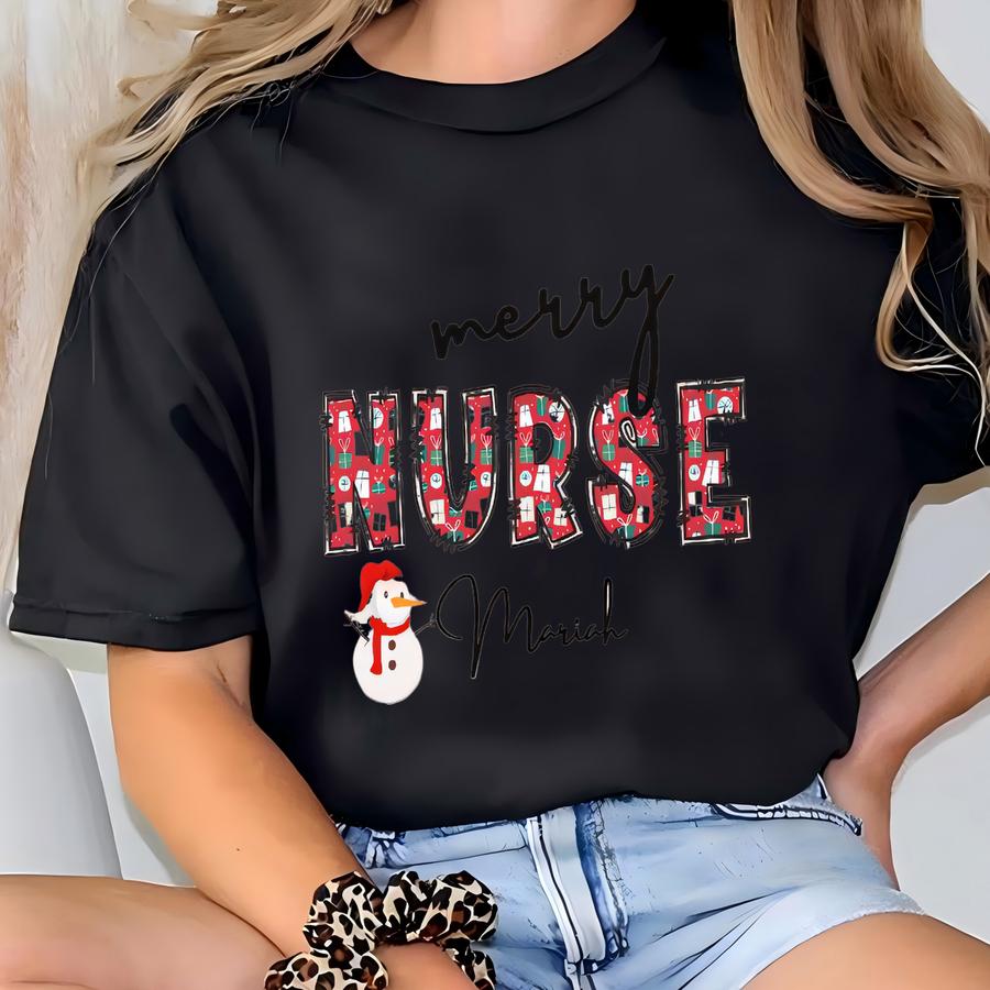 Merry Nurse Personalized Sweatshirt, Christmas Gift, Custom Nurse Name, Holiday Sweater, Nursing Student Apparel T-shirt