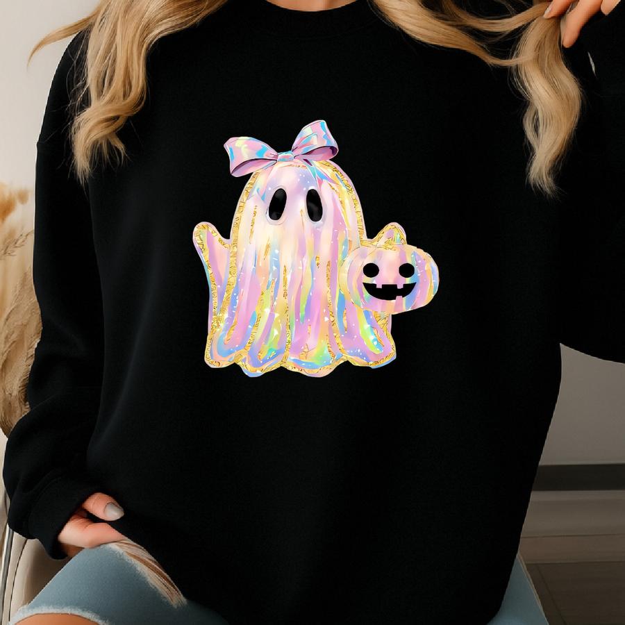Personalised Iridescent Ghost Pumpkin Baby Outfit, Coquette Halloween Baby Clothes, Girly Halloween Baby Romper, Cute Ghost Baby Gift Sweatshirt