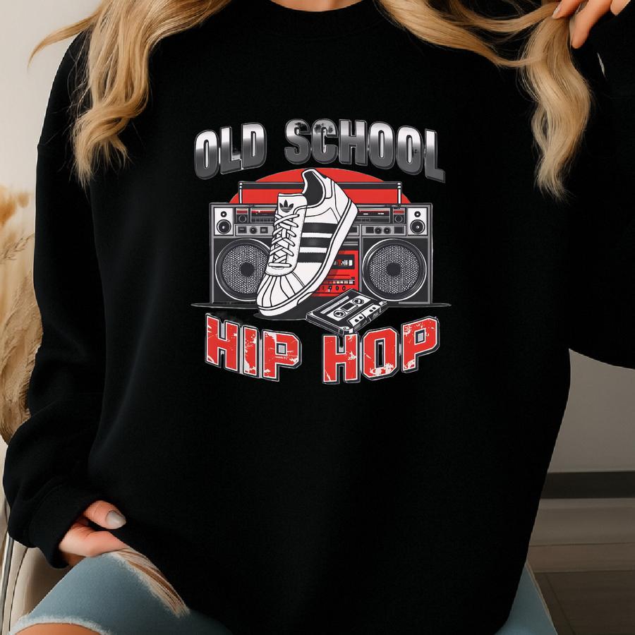 Old School Hip Hop Tee Unisex Adult T-shirt Design With Boombox, Kicks Cassette Tape Hip Hop Culture 80s Breakdancing B-boy Graffiti Sweatshirt