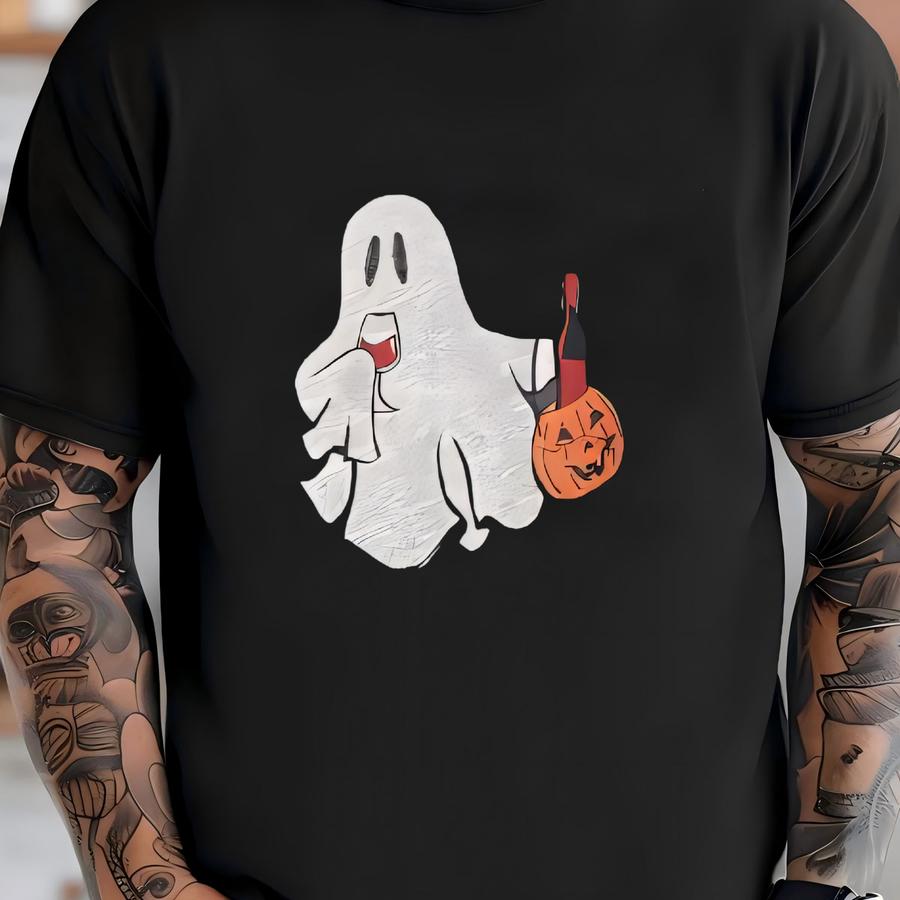 Ghost Drinking Wine Hoodie - Pumpkin And Drink Halloween Design Sweatshirt. T-shirt