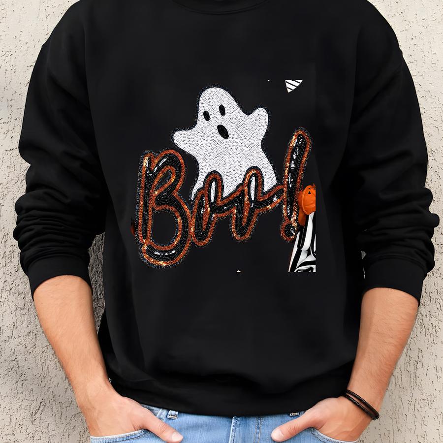 Cute Boo Ghost Sequins Halloween Shirt - Boo Chenille Patch Shirt - Halloween Shirt - Chenille Patch - Sequins Boo Shirt - Halloween Tee Sweatshirt