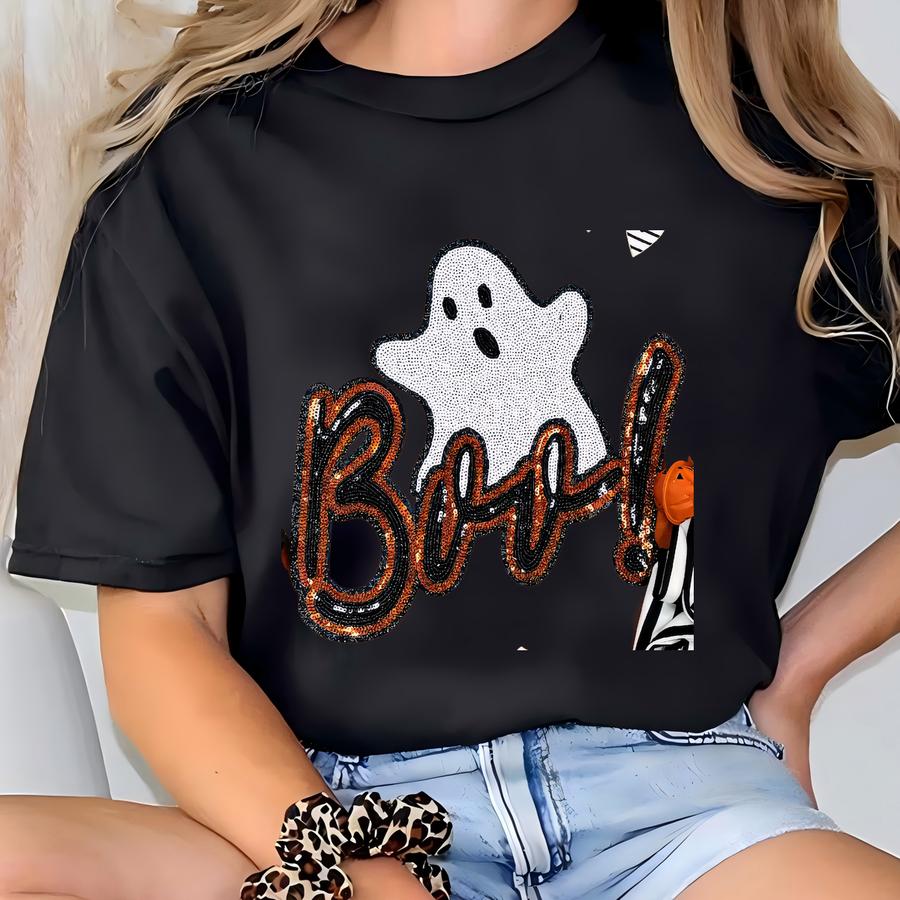 Cute Boo Ghost Sequins Halloween Shirt - Boo Chenille Patch Shirt - Halloween Shirt - Chenille Patch - Sequins Boo Shirt - Halloween Tee T-shirt