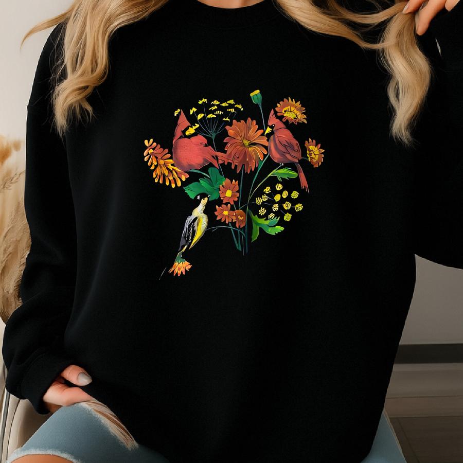Vintage Wildlife Bird Navy Unisex Sweatshirt Large Bird Cage Crewneck Graphics Bird House Sweater Pullover Wildlife Floral Bird Print Logo Sweatshirt