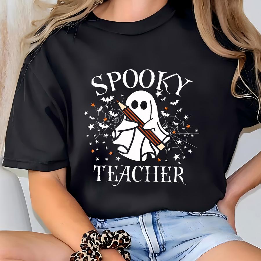 Spooky Teacher Shirt, Halloween Teacher Hoodie, Fall Teacher Tee, Pencil Bats Teacher Tee, Read More Tee,gift Halloween Ghost Teacher Shirt T-shirt