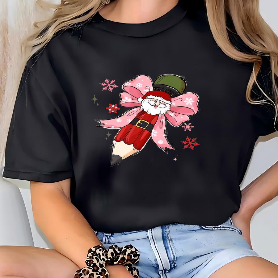 Coquette Teacher Shirt, Teacher Pencil Coquette Bow Shirt, Teacher Christmas Hoodie, Custom Teacher Name, Christmas Bow Tee, Teacher Gift T-shirt