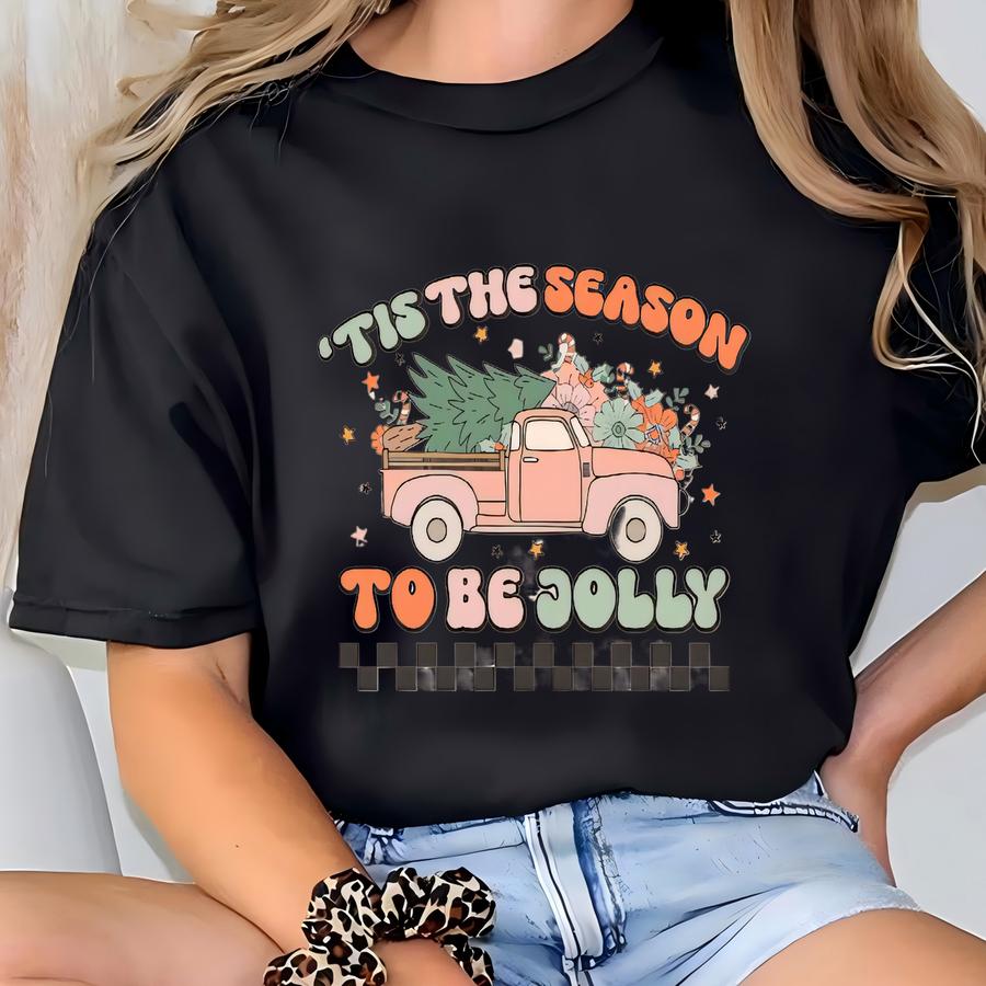 Retro Kids Christmas Shirt, Tis The Season To Be Jolly Toddler Tee, Cute Girls Hoodie, Natural Holiday Hoodie, Pink Truck, Checkered T-shirt