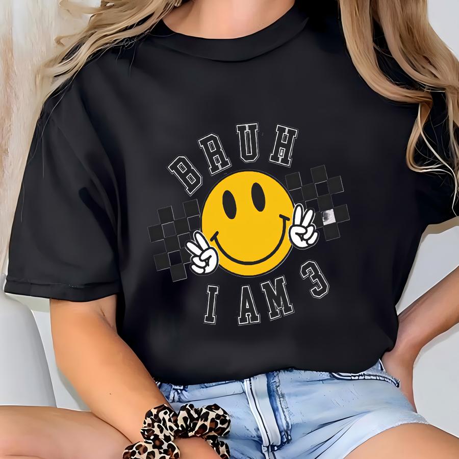 3rd Birthday Svg, Png, Eps, Dxf, Jpg, Bruh I Am Three , Retro Checkerboard Third Birthday Sublimation, Groovy Three Years Old Cut File T-shirt