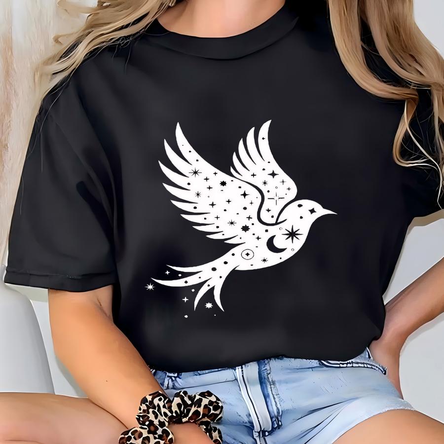 Celestial Bird Shirt: Night Sky Moon Stars Graphic Tee T-shirt