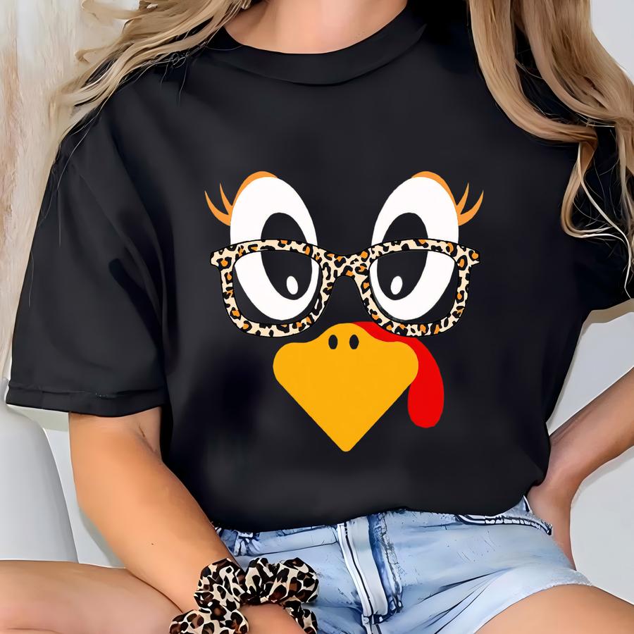 Thanksgiving Turkey Face Sweatshirt: Leopard Glasses, Women's Fall Sweater T-shirt