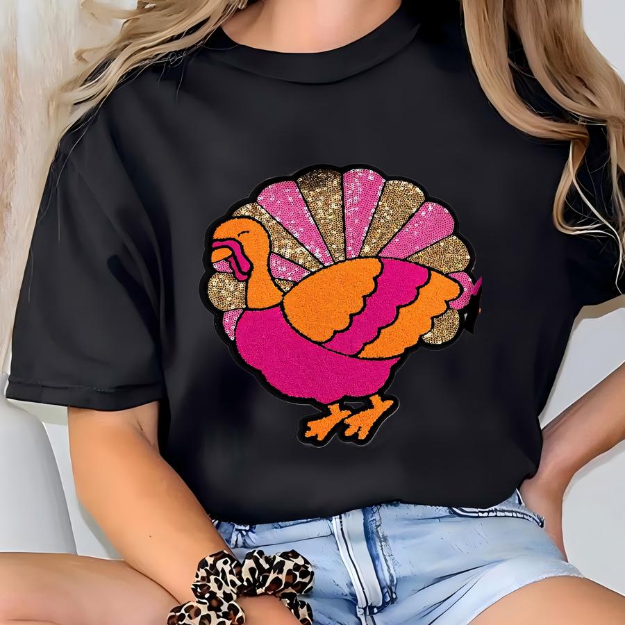 Pink Sequins Turkey Chenille Shirt - Chenille Thanksgiving Turkey - Fall Shirt - Turkey Patch Sweatshirt - Thanksgiving Turkey Patch Tee T-shirt