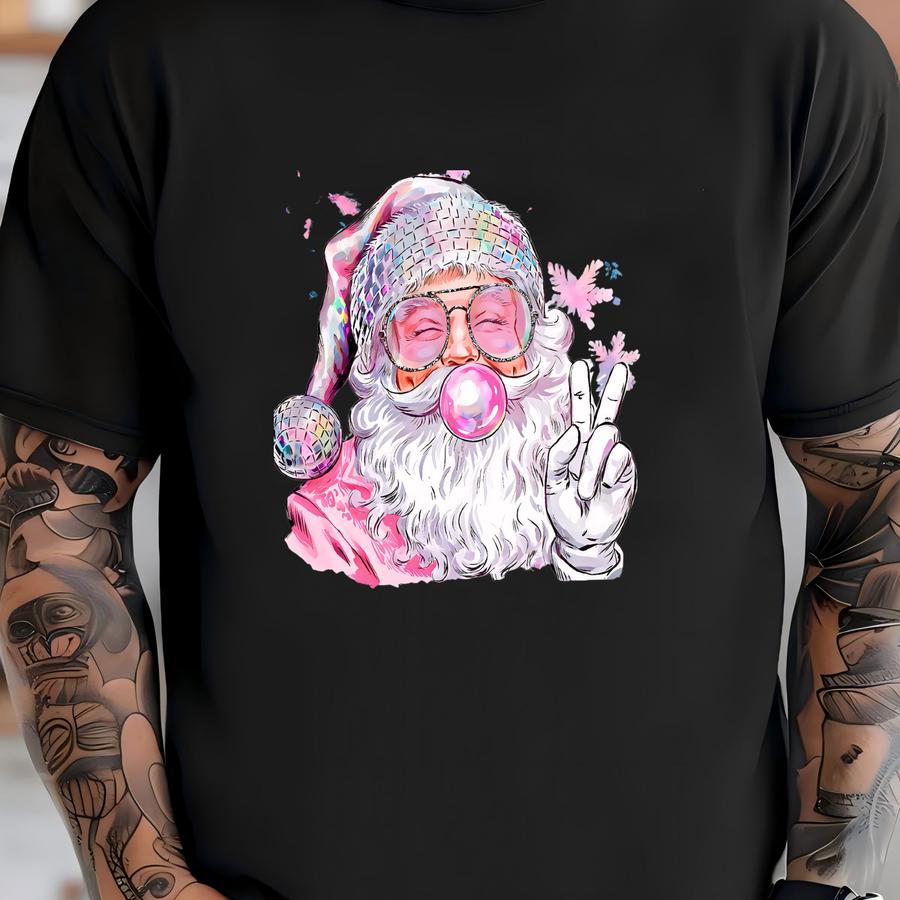 Santa Dtf Transfer, Cool Bubble Gum And Peace Sign, Christmas Iron-on, Unique Holiday Apparel, Easy To Apply, Ready To Press T-shirt