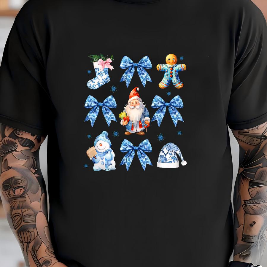 Coquette Bow Christmas Baby Romper, Blue Floral Bow Christmas Bodysuit, Christmas Toile Baby Romper, First Christmas Baby Outfit T-shirt