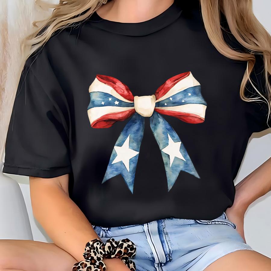 American Flag Coquette Bow Shirt, Red White Blue Girly 4th Of July, Usa Flag Coquette Tee, Patriotic Gift For Wife T-shirt