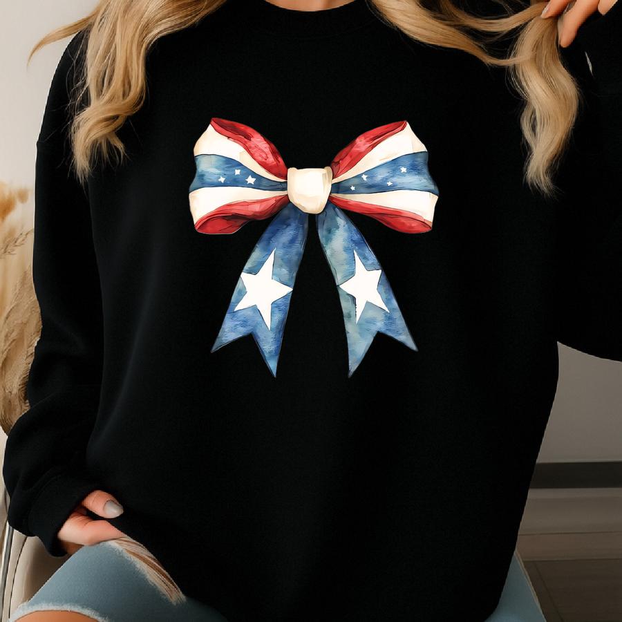 American Flag Coquette Bow Sweatshirt, Red White Blue Girly 4th Of July Sweater, Usa Flag Coquette Shirt, Patriotic Gift For Wife Sweatshirt