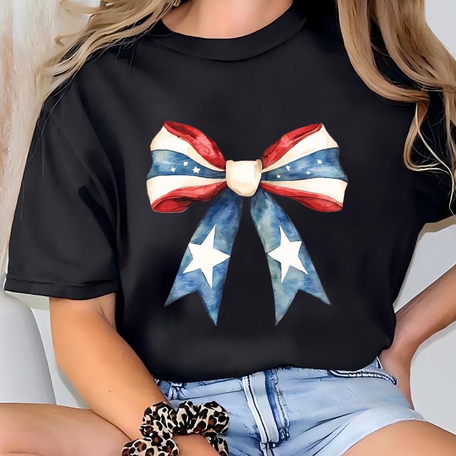 American Flag Coquette Bow Sweatshirt, Red White Blue Girly 4th Of July Sweater, Usa Flag Coquette Shirt, Patriotic Gift For Wife T-shirt