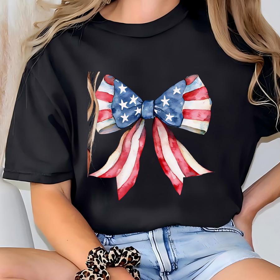 American Flag Coquette Bow Shirt, Red White Blue Girly 4th Of July, Usa Flag Coquette Tee, Patriotic Gift For Wife T-shirt