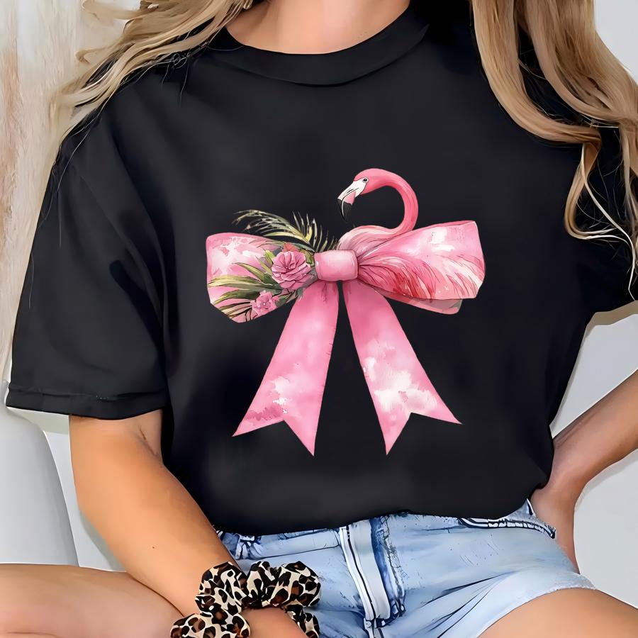 Flamingo Floral Coquette Bow Sweatshirt, Cute Flamingo Tee, Flamingo Lovers Gift, Birding Apparel, Flamingo Party Sweatshirt Gift For Her T-shirt
