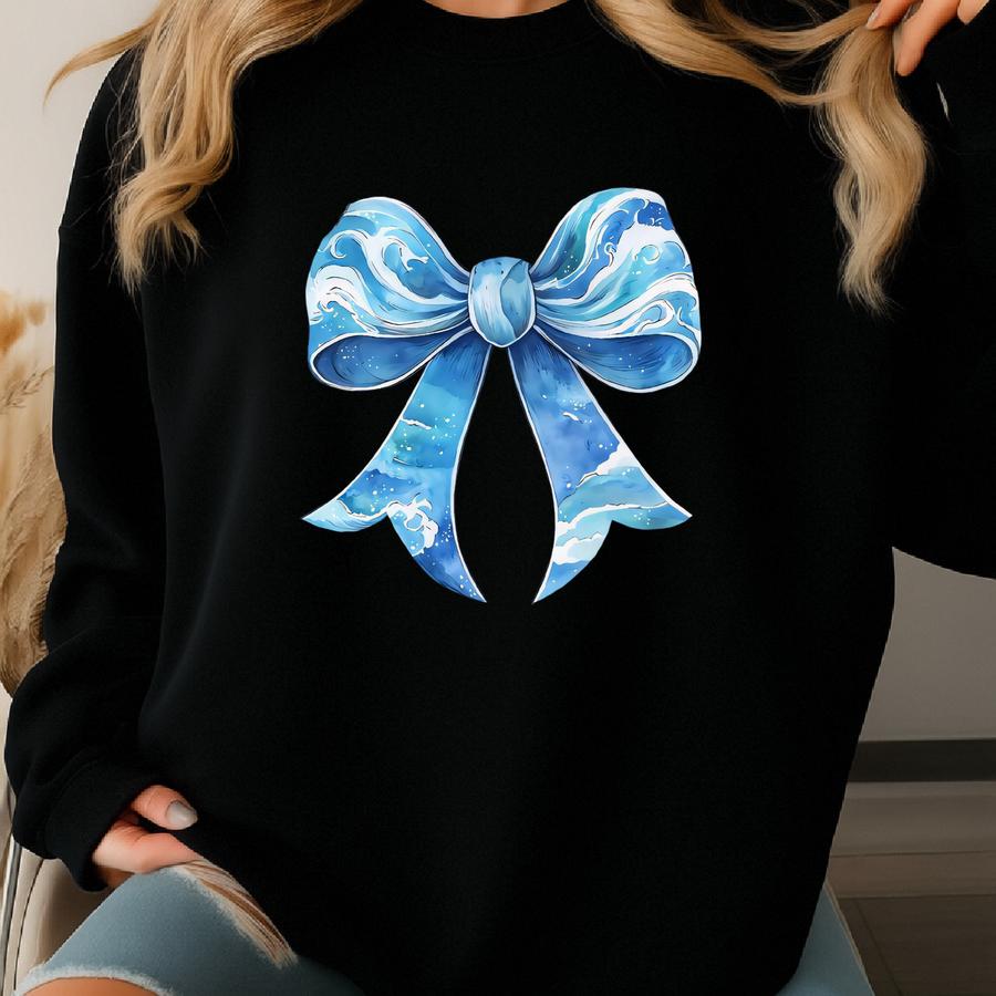 Ocean Waves Coquette Bow Shirt, Cute Sea Lover Tshirt, Ocean Life Shirt, Watercolor Ocean Tee, Beach Coquette, Summer Shirt Sweatshirt