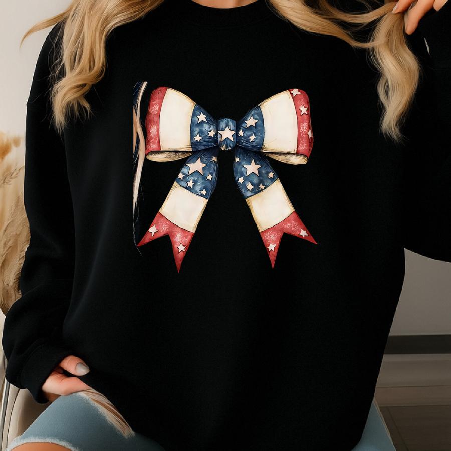 Vintage American Flag Coquette Bow Shirt, Red White Blue Girly July 4th, Usa Flag Coquette , Patriotic Gift For Wife Sweatshirt