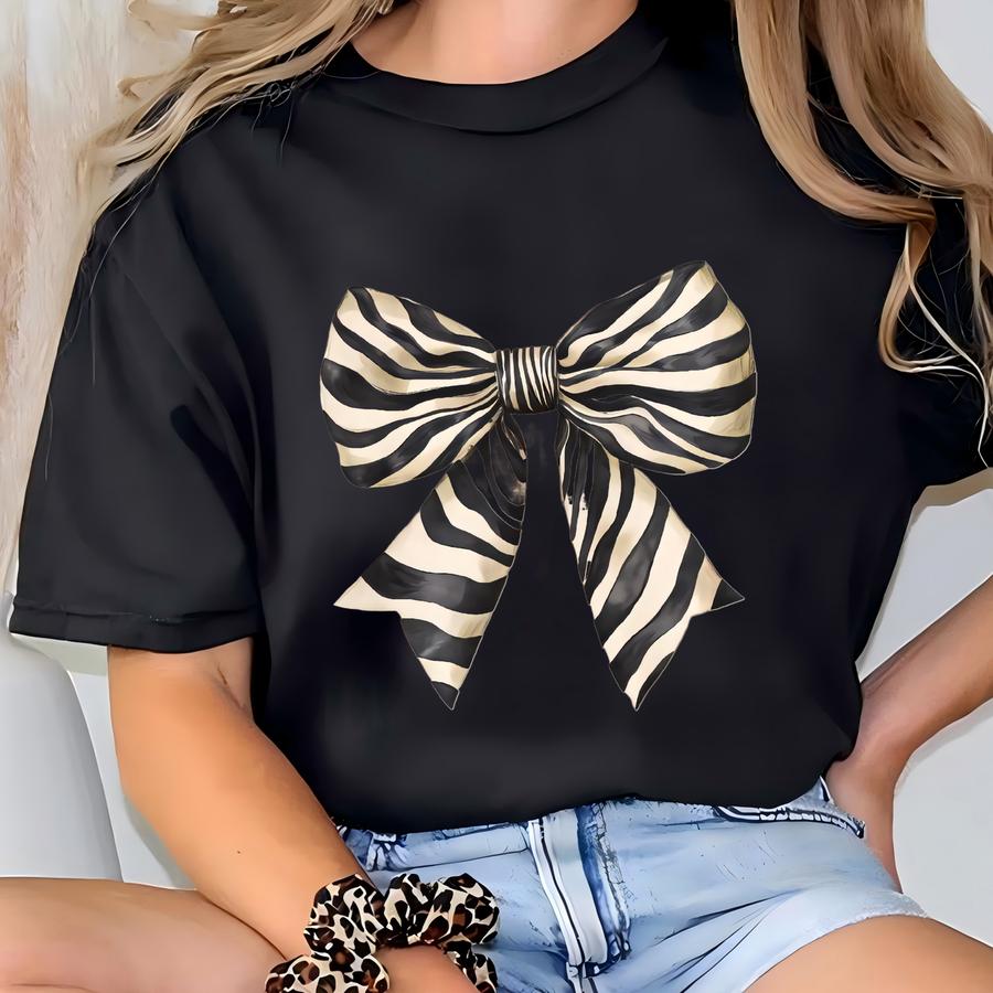 Zebra Coquette Bow Sweatshirt, Zebra Print Shirt, Zebra Ribbon Shirt, Zoo Trip Shirt, Cute Animal Tee, Bow Gift For Wife, Zoo Day Mom Shirt T-shirt