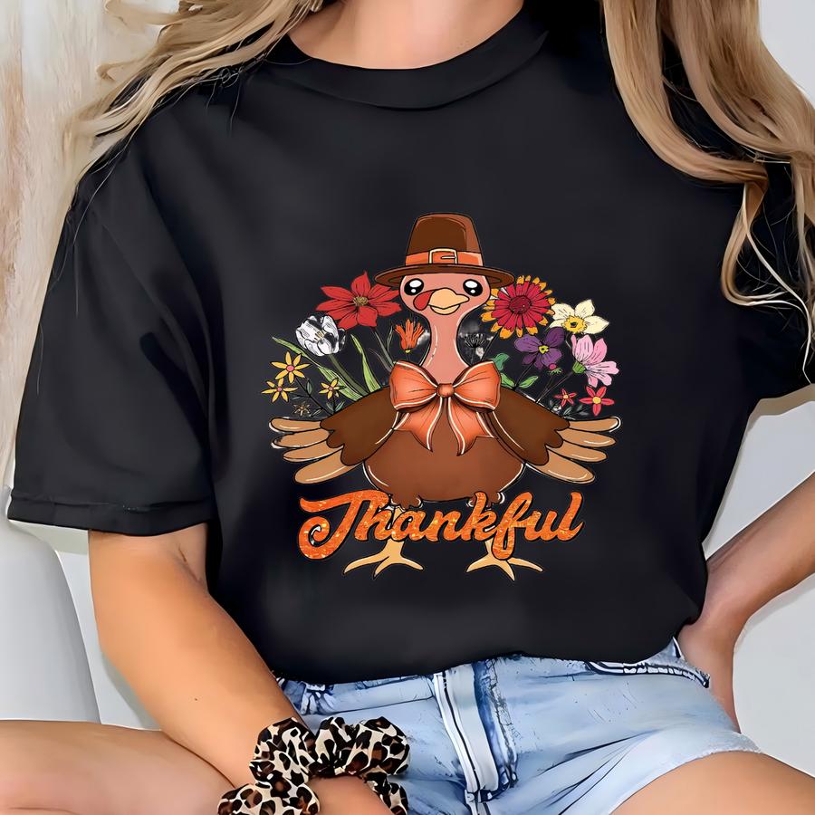 Thankful Thanksgiving Turkey Sweatshirt, Thanksgiving Shirt,thankful Shirt,floral Turkey Shirt,o Pumpkin, Family Matching Shirt,cozy Tee T-shirt