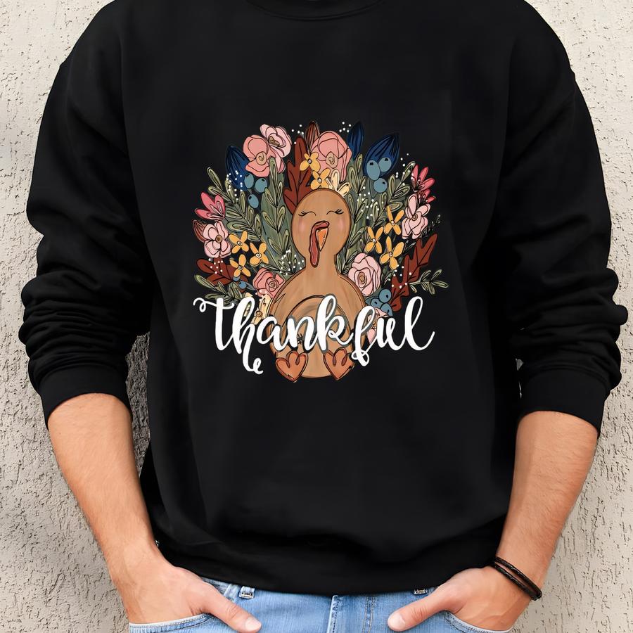 Thankful Floral Turkey Sweatshirt, Retro Cute Fall Sweater, Thankful Grateful Shirt, Thanksgiving Shirt, Thanksgiving Family Sweatshirt Gift Sweatshirt