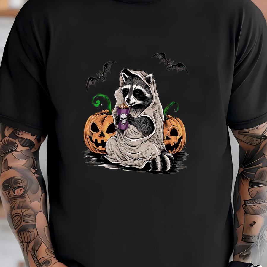 Halloween Sweatshirt, Cute Raccoon Ghost Hoodie, Retro Halloween Shirts, Spooky Season Gift, Raccoon Halloween Shirt, Pumpkin Fall Shirt T-shirt