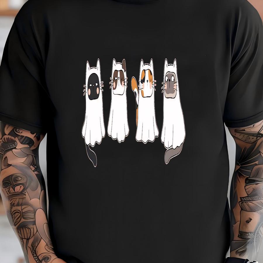 Halloween Ghost Cat Sweatshirt, Gift Hoodie For Cat Lover, Cute Ghost Black Cat Sweater, Spooky Season Sweatshirt, Halloween Party Sweaters T-shirt